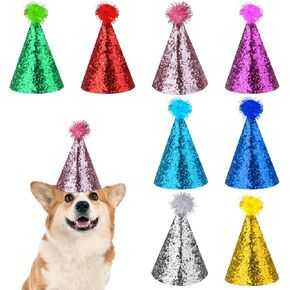 Mini Party Hats Set 8Pcs Dog Party Hat Reusable Cat Birthday Hat with Pompons Hats Party Time Mini Pet Party Hat Accessories for Kittens Rabbits Dogs Small Animals Friends