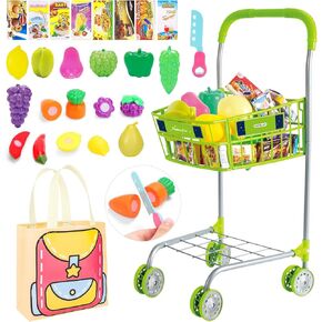 عربة التسوق Deao Toy مع الطعام ، وعب العربات مع الخضروات الفواكه المتظاهر و Accessorie ، و Swork Sworkery Shopping مع حقيبة تظاهر اللعب ولعب دور المطبخ للأطفال 3+