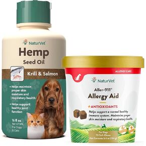 Naturvet Aller -911 Advanced Allergy Aid for Dogs ، Cats - 70 Soft Phems Hemp Seed Oil Krill and Salmon ، 16 Oz. سائل ، مصنوع في الولايات المتحدة الأمريكية مع مكونات من مصادر عالمي