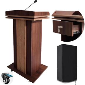 Podium, Wooden Podium, Hostess Stand with Wheels, 2 Tier Storage & Locking Drawers/Silent Rollers, (Sturdy - Thickened Board) Podium for Church & School, Lectures, Conferences (Upgrade)