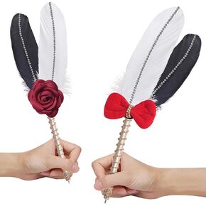 Vijiv Luxury 2 -Pack Feather Quill Pen لحفلات الزفاف - 11 "أقلام خط الزفاف الأنيقة مع القوس والورود ذي الحلقات الزخرفية ، وأقلام كرة الدوارة القابلة لإعادة التعبئة لكتب الضيوف الزفاف ، وحفلات الاستقبال ، والاستحمام