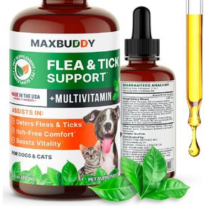 Flea and Tick Oral Prevention Support & Treatment for Dogs and Cats – Natural Flea Control with Multivitamin - Supplement Drops for Small and Large Dogs – Made in The USA