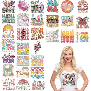 Funny Mom Iron on Transfers: 30 Pcs Mama Themed DTF Transfer Ready to Press, Mother's Day Iron on Patches Decals, Heat Transfer Vinyl for Bags Clothing for Mom DIY Crafts (8×8 inches)