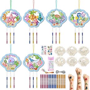 TREACLUB 12 Pack Ocean Animals Wind Chimes Craft, Under The Sea Party Game, Color Your Own Windchime DIY Unfinished Wood Hanging Ornaments for Summer WoodenArt Activity Birthday Party