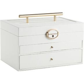 Hatori Jewelry Organizer Box للنساء ، تخزين مجوهرات كبير من 3 طبقات مع صينية ومرآة لقلادة ذات 3 طبقات ، ومرآة متعددة الوظائف للأقراط ، والأساور ، والخواتم والملحقات التجميلية