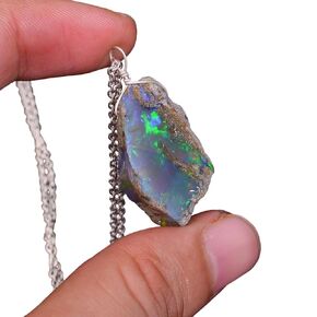 Real Ethiopian Opal Rough Crystals Pendant Necklace Gemstone Natural Raw Crystals Fire Play Healing Crystals, 925 Sterling Silver Jewelry 18 inch A+