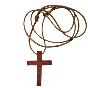 Wood Cross Necklace for Boys and Men Adjustable Leather Light Brown Sliding Knots