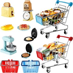 211 Pcs Mini Shopping Cart Including 200 Pcs Mini Food Toys 7 Pcs Mini Baking Sets 2 Pcs Mini Shopping Basket 2 Pcs Mini Shopping Cart Basket for Doll House Miniature Cosplay Game Accessory