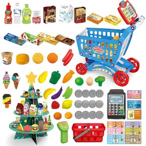 Redcrab Kids Supermarket Store Store ، و Switch Smart Shopping Switch للأطفال مع سجلات نقدية ورفوف على شكل شجرة عيد الميلاد ، وعبّر العربة للتسوق للألعاب المنزلية ، وهي مناسبة للأطفال الصغار من 3 إلى 8 سنوات （Blue