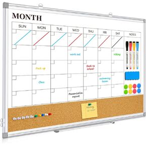 Dry Erase Calendar Board for Wall, 24"x18" Magnetic Whiteboard Calendar Double-Sided Monthly White Board with Cork Board, Aluminum Frame Memo Message Board for Office, Home, School, Kitchen