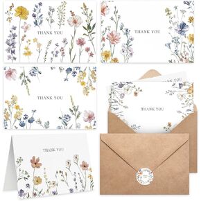 102 Pack Floral Thank Thank You With Marks (4 "x6") - بطاقات فارغة من البرية مع مظاريف لاصقة وملصقات مطابقة لحفل الزفاف ، ودش الزفاف ، والاستحمام للأطفال ، وميلاد ، كل مناسبة