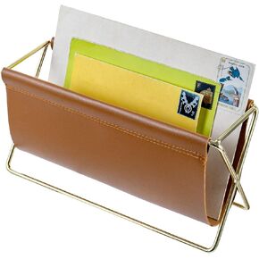 MyGift 10 Inch Mid Century Caramel Leatherette Mail Sorter Letter Holder Rack with Brass Tone Metal Frame, Faux Leather Sling Style Office Desk Card Envelope Organizer Stand
