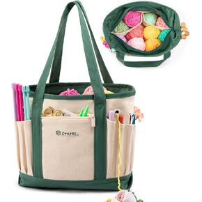 حقيبة منظم تخزين خيوط MyBagzing Canvas - كيس من الكروشيه مع جيوب من أجل الغزل ، والسنانير ، والإبر - حمل حياكة السفر للحرفيين - هدية للكروشيه والريكترات (متوسطة/كبيرة)