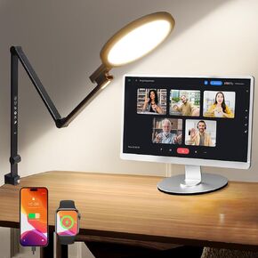 1200LM Desk Lamp with Clamp,Eye Care Desk Lights for Home Office with Charging Ports, Adjustable 5 Colors & 5 Brightness,Flexible Ring Light with Swing Arm for Video Conference Zoom Streaming RA97