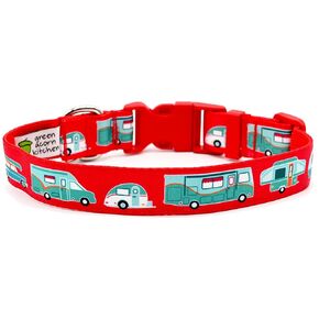 RV Camping Dog Collar - طوق العربة الحمراء - سيارة ومقطورة عتيقة - منزل متنقل - CameDrop Camper - مقطورة خيمة منبثقة - 4 أحجام - بعرض 1 بوصة (كبيرة 14-21 ")