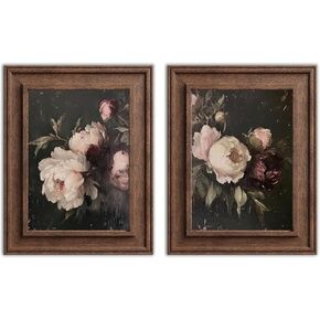 2pcs Vintage Peonies Flower Canvas Wall Art Classical Dark Pink Peonies Pictures Wall Decor Retro Moody Floral Botanical Still Life Posters Prints for Living Room Bedroom Room Home Decoration