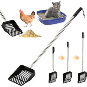 Metal Cat Litter Scoop, Chicken Poop Scooper, 304 Stainless Steels Adjustable Chicken Coop Rake(23 to 43 inch),Extendable Long Handle Cat Sand Scoop