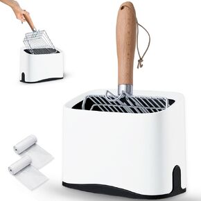 Metal Cat Litter Scoop with Holder, Poop Scooper with Stand and 2 Rolls of Garbage Bags, Heavy Duty Stainless Steel Shovel with Wooden, Kitty Quick Sifter for Easy Cleaning, Essential items for Cats