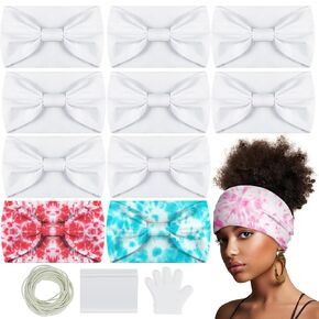 Silkfly 10 Pcs White Cotton Headbands Sets for Tie Dye Wide Headbands for Women Elastic Fashion White Head Wrap with Accessories for Group Party DIY Project