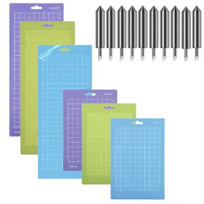 THANMAO 3 pcs 4.5" x 12" + 3 pcs4.5" x 6.5"Cutting Mat，Blue Light Grip/Green Standard Grip/Purple Strong Grip, Adhesive Cutting Mats，10 pcs Replacement Cutting Blades Compatible with Joy