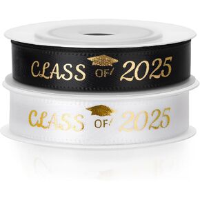 KINGLAKE 2 Rolls Graduation Ribbon 20 Yards Class of 2025 Graduation Ribbon for Gift Wrapping Party Decor Black and White with Gold Printing