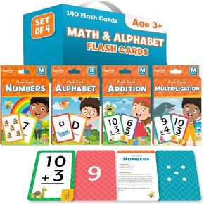 بطاقات Head Start Flash التي تم تعيينها لأنشطة التعلم في مرحلة ما قبل المدرسة ، و 140 بطاقات فلاشية للأطفال ، وألعاب الرياضيات للأطفال - الأرقام ، والضرب ، وبطاقات فلاش الأبجدية ، تتراوح أعمارهم بين 3+
