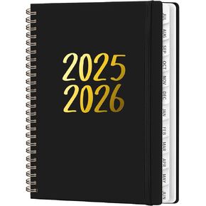 Planner 2025-2026, July 2025 - June 2026 Daily Weekly and Monthly Calendar Planner Book with Tabs, Notes Pages, Inner Pocket, Spiral Schedule Agenda Notebook for School, College, Work-BLACK