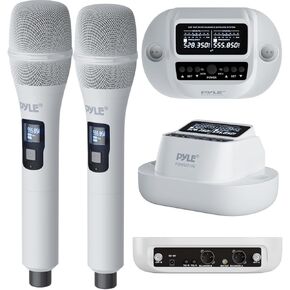 Pyle UHF Wireless Microphone System - Dual Professional Rechargeable Cordless Handheld Mic, 2×100 Channel Receiver, Auto Scan - for Home Karaoke, Meeting, Party, DJ, Conference, Stage, KTV,White