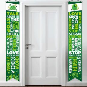 2Pcs Mental Health Awareness Door Banners Porch Signs 71x21In Motivational Green Ribbon Door Banner Indoor Outdoor Mental Health Month Hanging Decor for Therapist Classroom School Office Supplies