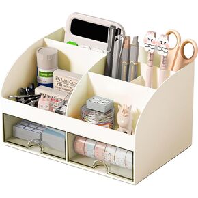 Desk Organizer with 6 Compartments and 2 Drawers, Plastic Makeup Organizer, Pen Holder for Desktop Storage, Desk Organization for School, Home, Office Supplies (White)