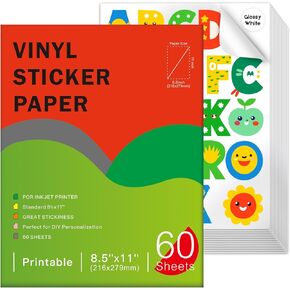 30 Sheets Premium Printable Vinyl Sticker Paper for Inkjet Printers Glossy White 8.5x11 Inch Waterproof & Vibrant Colours Retains Ink Well Tear Resistant Great for Cutting Machines