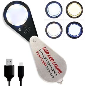 30X Jewelers Loupe Magnifier with UV and LED Lights, Four Types of Light, USB Rechargeable Illuminated Eye Loop Foldable Jewelry Magnifying Glass for Gems, Currency, Diamond, Coins,Watches,Stamps