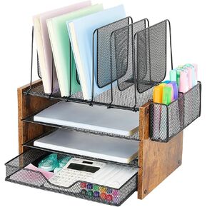 Wood Desk Organizers and Accessories with Drawer, 3-Tier Desk Accessories & Workspace Organizers，Paper Organizer with 5 Vertical File Organizer & Pen Holder for Office Supplies