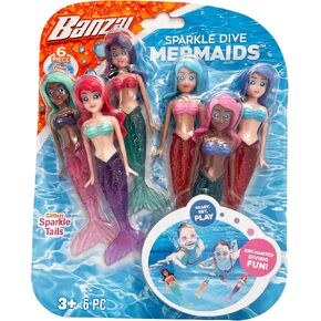 Banzai 6 قطعة Sparkle Mermaid Dive Toys - ذيول التألق اللامعة - 6 حزمة