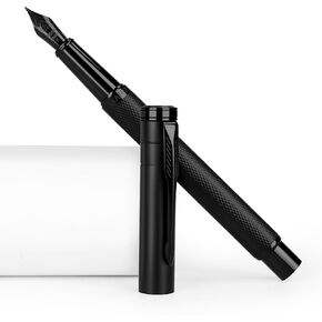 Fountain Pen with Fine Nib - Modern Black Metal Design with Intricate Knurled Grip, Smooth and Skip-Free Writing, Includes Ink Cartridges, Converter, and Protective Sleeve