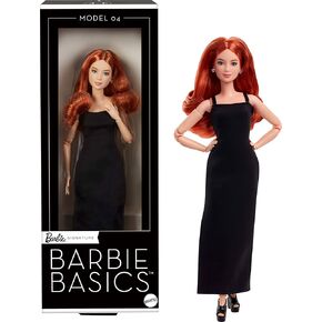 Barbie Basics Model 04 Collector Doll with Red Curly Hair, Black Mini Dress & Boots, Universal-fit Fashions, Posable Petite Body & Swappable Doll Head