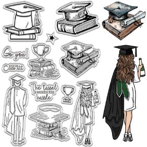 CRASPIRE Graduation Cap Clear Stamps Books Trophie Words Reusable Postmark Transparent Silicone Stamp Seals for Journaling Card Making Decor DIY Scrapbooking Supplies Album Decoration