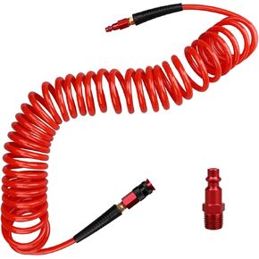 Hromee 1/4-Inch x 10ft Polyurethane Recoil Air Hose with Fittings Compressor Hose with 1/4 in. Industrial NPT Coupler and Plug Kit, Red