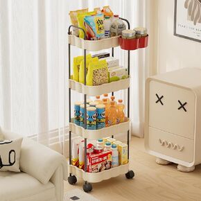 3-Tier Rolling Utility Carts with Handle, Snack Carts with Wheels, Multi-Functional Storage Trolley for Office, Living Room, Kitchen, Organizer Carts with Hanging Cups and Lockable Wheels, White