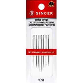 SINGER Cotton Darners Hand Needles Set - Assorted Sizes 1/5, Short Length, Sharp Tip, Elongated Eye, Ideal for Precision Textile Work, Nickel-Plated Steel, 10pc