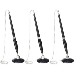PATIKIL Secure Pen with Chain and Adhesive Pen Holder, 3Pcs Reception Counter Desk Pen with Security Pen Holder for Office Bank Hotel Lobby, Black