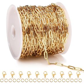 [16.5 Ft] Gold Chain for Jewelry Making, 18K Gold PVD Plated Charm Chains for Jewelry Making, Gold Color Retention Paperclip Chain Roll with Lobster Clasps and Jump Rings (5M)