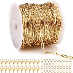 [33 Ft] Gold Chain for Jewelry Making, PVD Plated Charm Chains for Jewelry Making, 18K Gold Color Retention Paperclip Chain Roll with Lobster Clasps and Jump Rings (10M