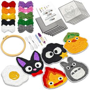 PUNICA Punch Needle Kit for Beginners, Kids & Adults Coaster Set of 6, Easy DIY Embroidery Set Starter Craft Gift with Cute Cartoon Decoration