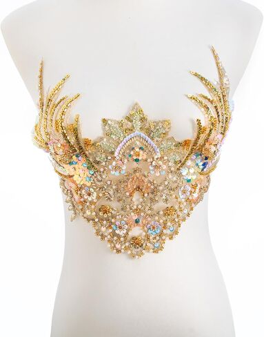 Gold Embroidery Pearl Beaded Sequin Applique, Handmade Sewing Tool for Wedding Dress Gown Bodice Belt Costume Clothing Craft DIY (Gold-5) in Kuwait