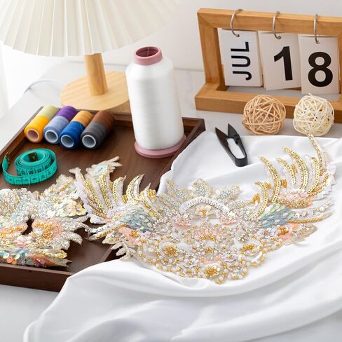 Gold Embroidery Pearl Beaded Sequin Applique, Handmade Sewing Tool for Wedding Dress Gown Bodice Belt Costume Clothing Craft DIY (Gold-5) in Kuwait