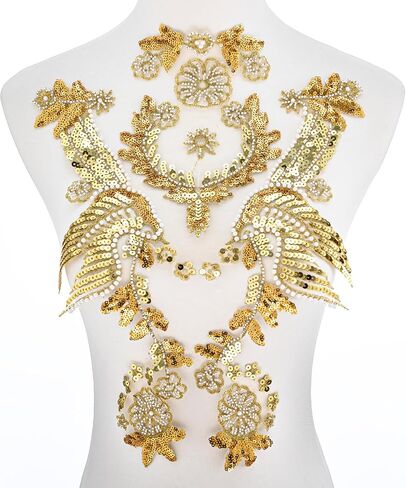 Gold Embroidery Pearl Beaded Sequin Applique, Handmade Sewing Tool for Wedding Dress Gown Bodice Belt Costume Clothing Craft DIY (Gold-5) in Kuwait