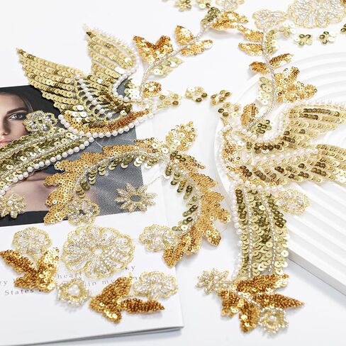 Gold Embroidery Pearl Beaded Sequin Applique, Handmade Sewing Tool for Wedding Dress Gown Bodice Belt Costume Clothing Craft DIY (Gold-5) in Kuwait