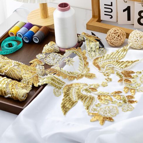 Gold Embroidery Pearl Beaded Sequin Applique, Handmade Sewing Tool for Wedding Dress Gown Bodice Belt Costume Clothing Craft DIY (Gold-5) in Kuwait