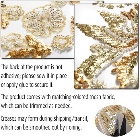 Gold Embroidery Pearl Beaded Sequin Applique, Handmade Sewing Tool for Wedding Dress Gown Bodice Belt Costume Clothing Craft DIY (Gold-5) in Kuwait